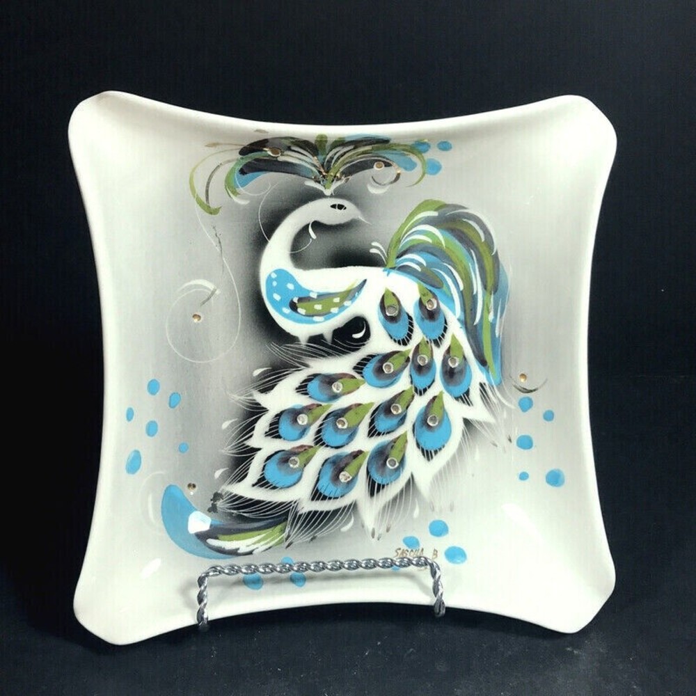 Sascha Brastoff Peacock Design dish 1960’s Ceramic Ashtray California pottery
